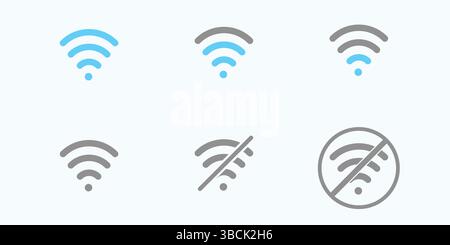 A vector illustration featuring a set of wireless connection icons. Each icon depicts a different level of signal strength. Stock Vector