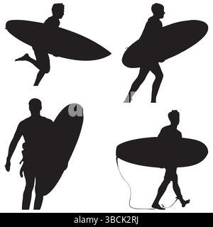 Four Silhouetted Surfers with Surfboards Walking and Running Isolated on White Stock Vector
