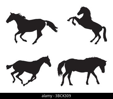 Silhouette Collection of Running and Standing Horses on White Background Stock Vector