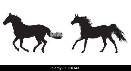 Silhouette of Two Horses Trotting and Galloping on White Background Stock Vector