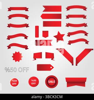 Red Ribbon Banner and Badge Vector Set for Sale and Discount Promotions Stock Vector