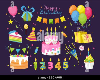 Happy Birthday Stickers Set. Fun labels or patches with gift, cake, balloons, confetti, garland and candles. Design elements for holiday celebration Stock Vector