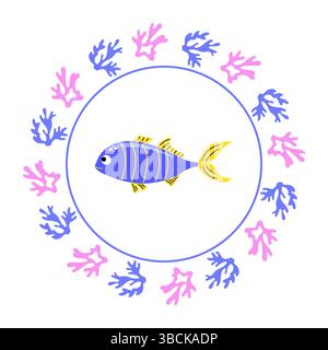 Tropical fish with coral in round frame. Stock Vector