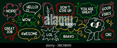 Set of cute speech bubbles. Doodle frames or cute memo boxes in different shapes. Cartoon crayon drawing cloud with positive messages. Hand drawn Stock Vector