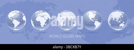 World globe maps set. Geographic banner with spherical Planet Earth with silhouettes of continents and oceans. Icons with globe. Realistic 3D vector Stock Vector