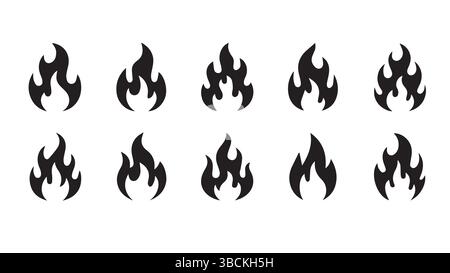Black Flame Vector Pack – 10 Unique Fire Icon Silhouettes for Logos, UI Design, Decals, Tattoos, and Digital Art Projects Stock Vector