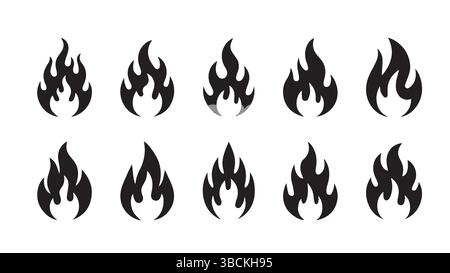 Black Flame Icon Set – Minimalist Fire Symbols Collection for Logos, Tattoos, Stickers & Digital Graphics Stock Vector
