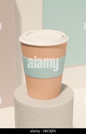 A stylish coffee cup in pastel colors sits on a pedestal, showcasing contemporary design. 3d rendering Stock Photo