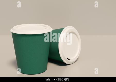 Two green paper cups sit on a table. 3d rendering Stock Photo