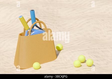 Beach padel tennis rackets and balls in the bag on sand. 3d rendering Stock Photo