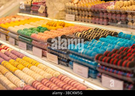 Colorful macarons on a vendor counter at a Hungarian market Stock Photo
