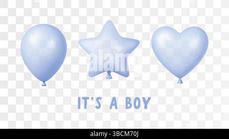 3d Blue Balloon Birthday Party Vector Boy Baby Shower Background Realistic Happy Flying Helium Star Heart Love Baloon Card Set Stock Vector