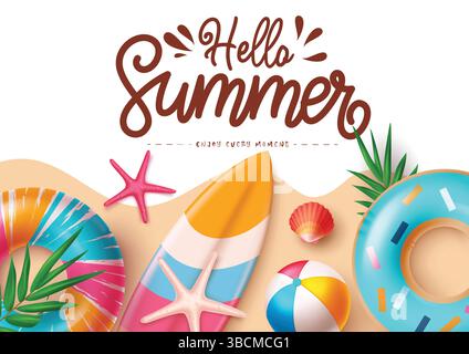 Hello summer greeting text with beach element in abstract brown and white background, Vector illustration. Stock Vector