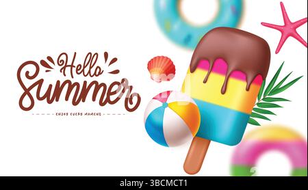 Hello summer greeting vector design. Hello summer text with summer vector elements like popsicle, floaters and sea shell. Vector illustration. Stock Vector