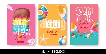 Summer sale poster design template set. Colorful summer sale poster design template set with summer vector elements. Vector illustration. Stock Vector