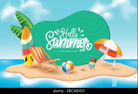 Hello summer vector design. Hello summer text with beach vector elements in island background. Vector illustration summer season greeting design. Stock Vector