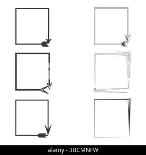 Sharp cornered frames. Minimalist square outlines. Arrow shaped accents. Black and white style. Stock Vector