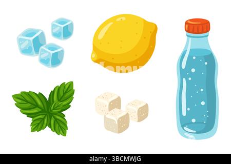 Lemon, mint, sugar, bottle of soda and ice cubes ingredients for lemonade. Cartoon vector illustration on white background Stock Vector