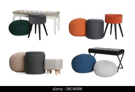 Different poufs isolated on white, collage. Interior element Stock Photo