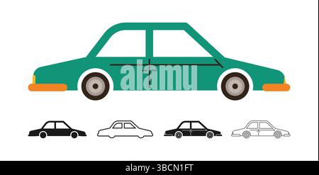 Vintage Car icon symbol cartoon set. Hand drawn cute automobile sports car in different styles colored, silhouette, outline kid collection. Simple children funny auto transport icon vector illustration Stock Vector