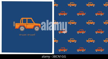 Car jeep suv cartoon seamless pattern. Hand drawn cute automobile car kid endless boundless background design. Simple children funny auto transport comic repeat print wallpaper vector illustration Stock Vector