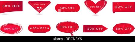 Red discount banner set with white text, 50% off coupons to increase sales on your website, gradient buttons in different shapes, vector color graphic Stock Vector