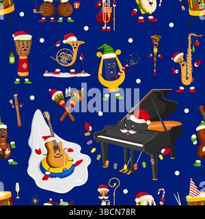Christmas musical instrument characters seamless pattern. Cartoon Vector festive background with funny winter holiday personages with Santa hats. Cute piano, guitar, trumpet, saxophone lyre or maracas Stock Vector