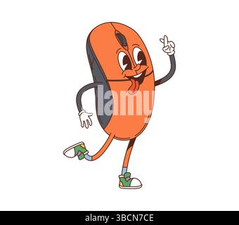Cartoon groovy computer mouse character with expressive eyes, a wide smile, and a playful pose. Isolated vector pc device technology retro personage wearing hippie sneakers exuding friendly y2k vibe Stock Vector