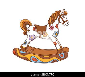 Cartoon vintage rocking horse, retro groovy kids toy character with floral patterns, painted wooden base, saddle and flowing mane. Isolated vector nostalgic and classic animal wood toy for children Stock Vector