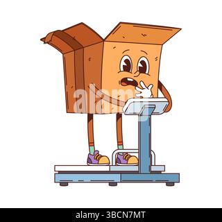 Cartoon groovy delivery cardboard box character weighing. Vector package, delivery and shipping mascot, funny parcel stands on scales with worrying expression. Cargo personage for mail or post service Stock Vector
