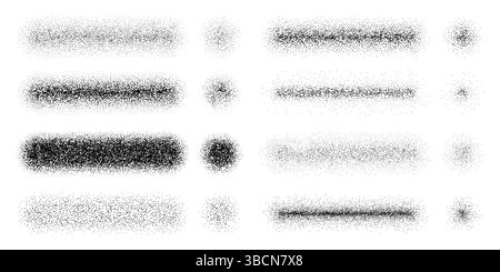 Stipple noise grain brushes or spray stroke texture with sand dust or powder effect, vector set. Noise grain scatter brush templates for drawing, stipple dots or dotwork with particle spray gradient Stock Vector