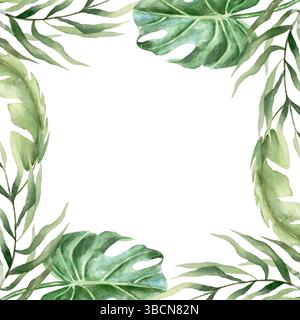 Tropical frame with green leaves of palm trees, monstera, banana, watercolor. Hand drawn vector illustration. For greeting cards, invitations, summer Stock Vector