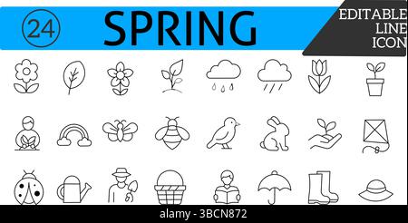 Minimal Spring Icons – Flowers, Bees, Gardening, and Weather Stock Vector