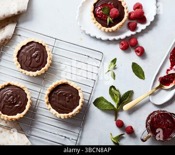 Chocolate tarts with raspberries and mint on light surface Stock Photo