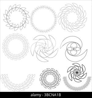 9 Abstract Floral Circular Designs Vector | Geometric Flower Line Art Icons | Editable EPS Decorative Elements for Logo, Mandala, Badge, Frame Stock Vector