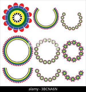 Circular Mandala-Inspired Vector Frames – Colorful Abstract Geometric Round Elements in Blue Red Yellow for Design Stock Vector