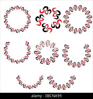Unique Abstract Circular Frame Elements with Modern Wavy Styles – Red Black Minimal Vector Circle Set for Branding, Posters, or Logo Decoration Stock Vector