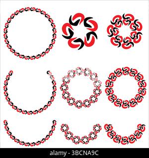 Abstract Circular Frames Set with Red Black White Pattern – Geometric Spiral and Wave Style Round Shape Vector Design for Decoration and Branding Stock Vector
