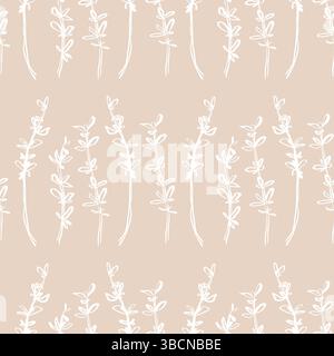 Seamless striped herb pattern with white rosemary twigs on beige background for natural packaging and botanical textile design Stock Vector