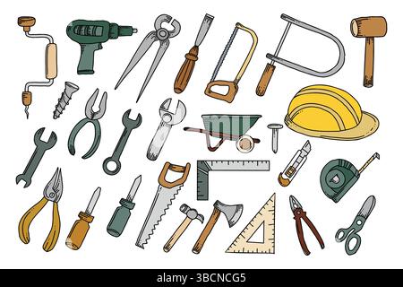 Collection of essential tools for various construction and repair projects illustrated clearly, Stock Vector