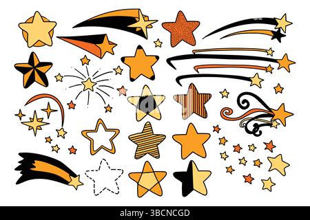 Whimsical star collection features hand-drawn shooting stars and classic star shapes, evoking Stock Vector