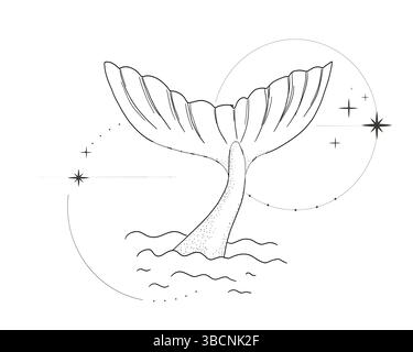 Whale tail retro dots texture with water splash circles stars line sketch minimal geometric tattoo. Mermaid or ocean mammal with waves vintage. Vector illustration Stock Vector