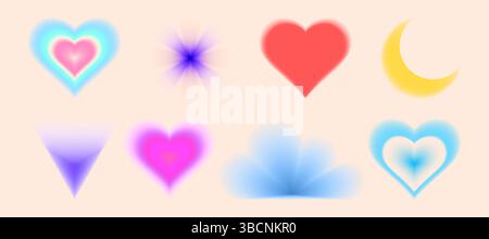 Y2K gradient heart shapes set - vibrant neon love symbols, star sparkle and moon isolated on light bg. Retro 90s cyber vector icons for romantic design, cute girly stickers, trendy valentine cards. Stock Vector