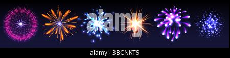 Firework explosion effects set isolated on black background. Vector realistic illustration of firecracker sparkles, neon color light sparks in night sky, holiday celebration symbol, bomb explosion Stock Vector
