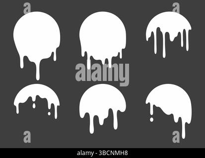 Dripping circle icons set - various liquid drip shapes. White round silhouettes with melting effect, paint leak stains isolated dark background. Simple geometric symbols, design elements flowing drop. Stock Vector