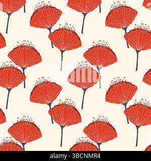 Red flowers poppy pattern, hand drawn flowers on light creme background. . Vector illustration Stock Vector