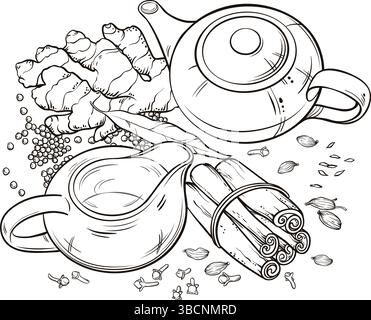 Traditional Indian Masala Tea Outline Illustration Stock Vector