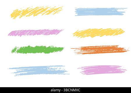 Crayon underline stroke brush mark, grunge textured hand drawn sketch border, divider. Pastel colored scribble highlight charcoal rough. . Vector illustration Stock Vector