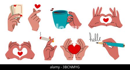 Doodle hands holding pencil and writing message, coffee mug and plauing cards, cigarette with smoke. Cute sketched style drawing set of palms making love and heart gestures. Flat vector human arms. Stock Vector