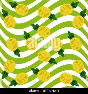 Cartoon pineapples scattered across wavy green and white stripes in a seamless tropical fruit pattern. Stock Vector